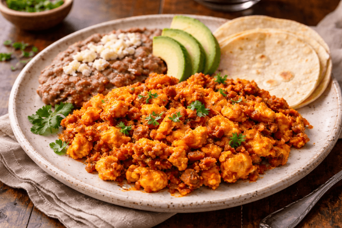 Huevos con chorizo served hot in a skillet