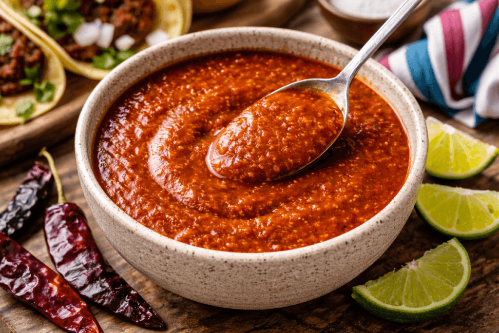 Bowl of salsa roja taquera with a spoon, showing a smooth, deep red taco-style salsa made from toasted dried chiles, served with lime wedges and tacos in the background.