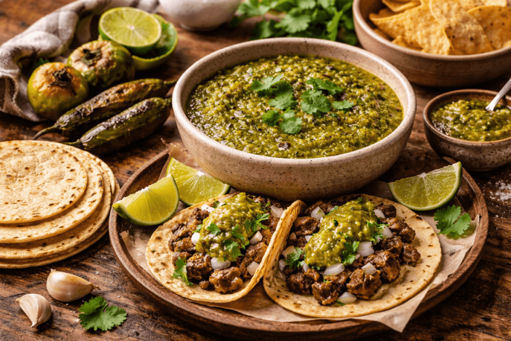 Rustic bowl of salsa verde asada made with roasted tomatillos and jalapeños, served alongside carne asada tacos, warm corn tortillas, and fresh lime on a wooden table.