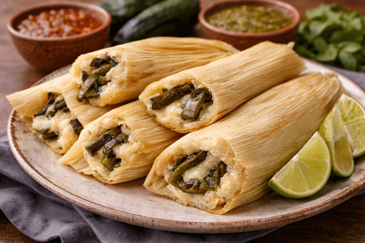 Tamales de Rajas on a plate, ready to eat