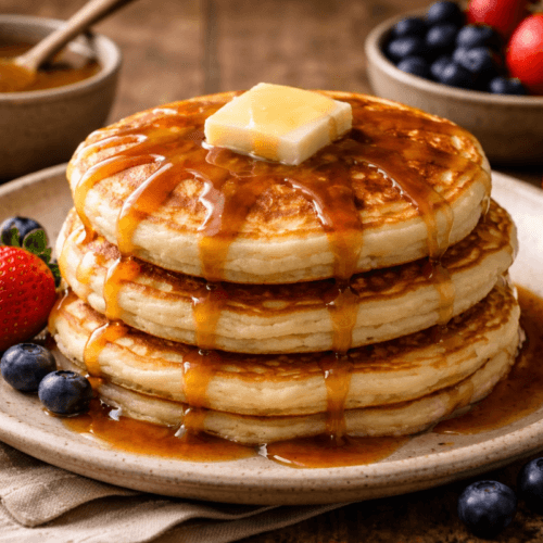 Hot cakes mexicanos stacked with butter and warm cajeta, served with fresh berries on a rustic plate.