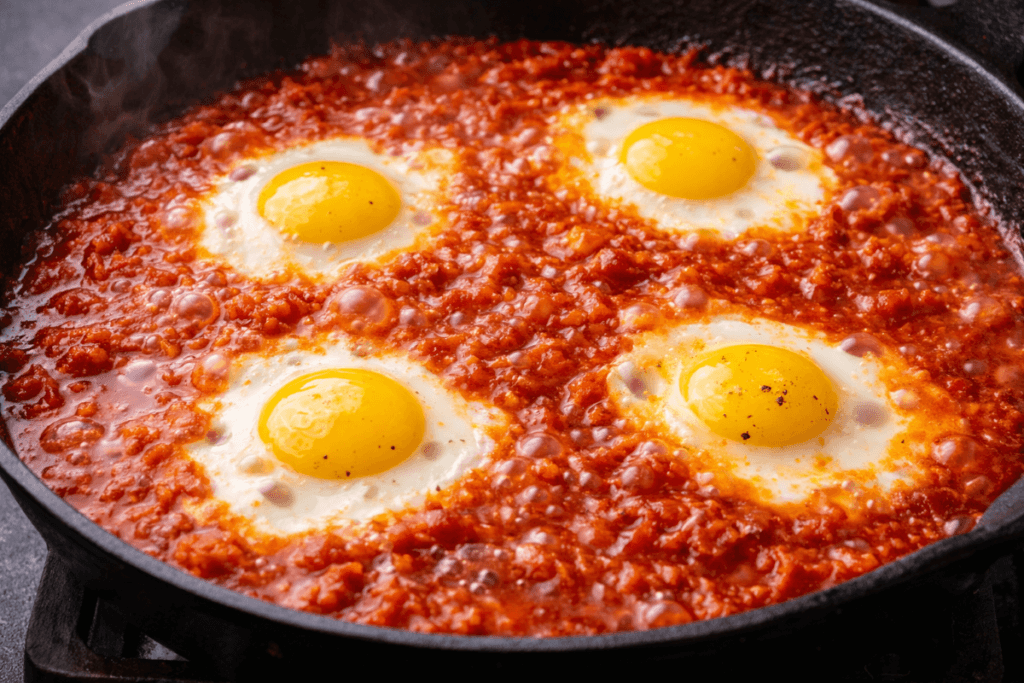 Eggs gently poaching in bubbling tomato-chile sauce inside a cast iron skillet for huevos ahogados