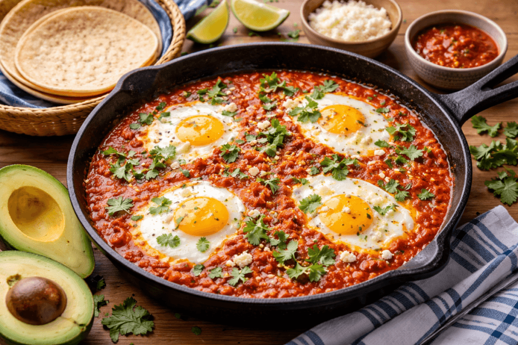 Huevos ahogados in rich salsa served with tortillas and avocado.