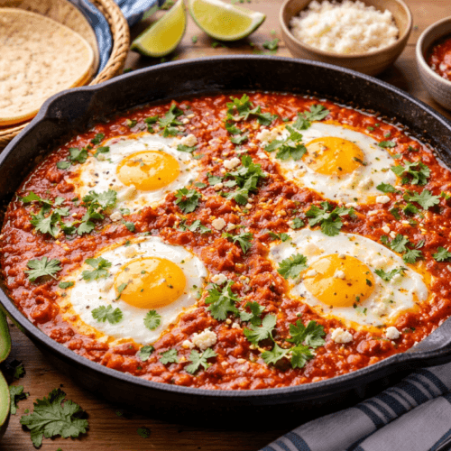 Huevos ahogados with eggs poached in vibrant tomato-chile sauce, served with warm tortillas, avocado, cilantro, and queso fresco on a rustic table