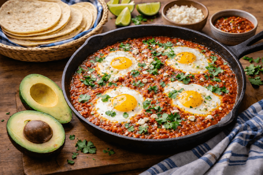 Huevos ahogados served in a rustic skillet with poached eggs in tomato-chile sauce, topped with queso fresco and cilantro beside warm tortillas.