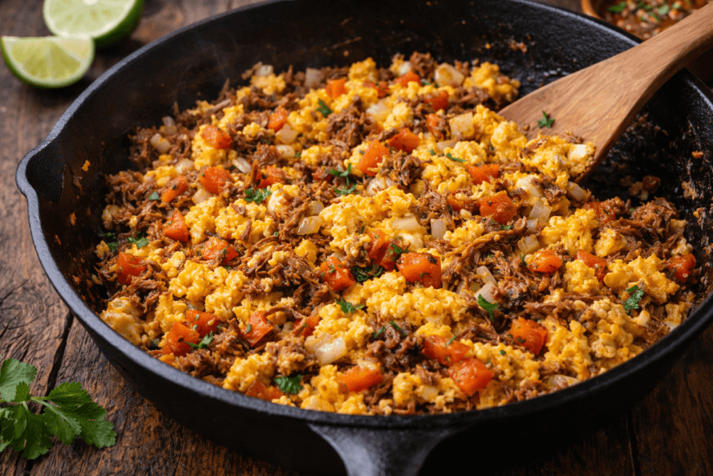Machaca beef cooking with scrambled eggs in skillet for traditional Mexican breakfast