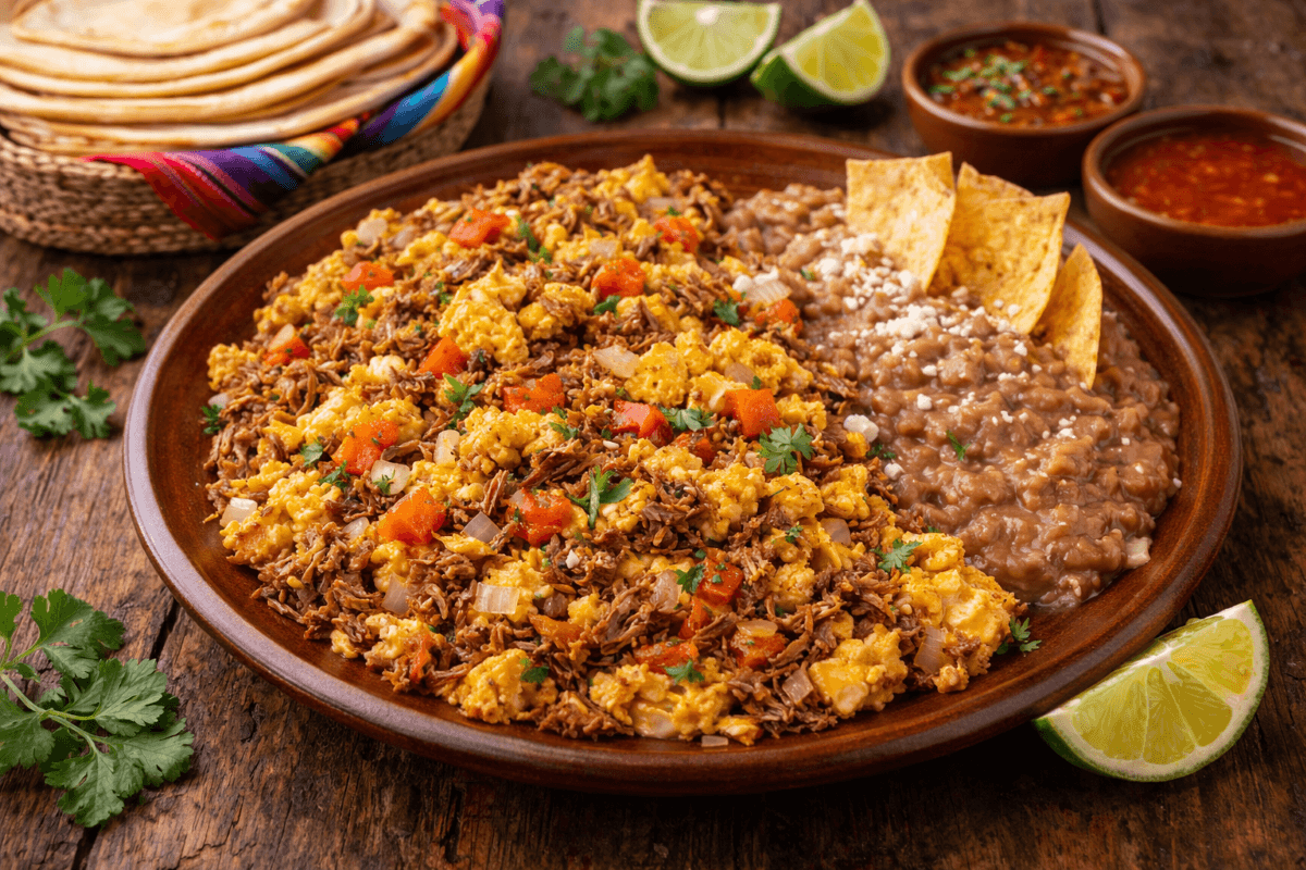 Machaca con huevo plated and ready to serve