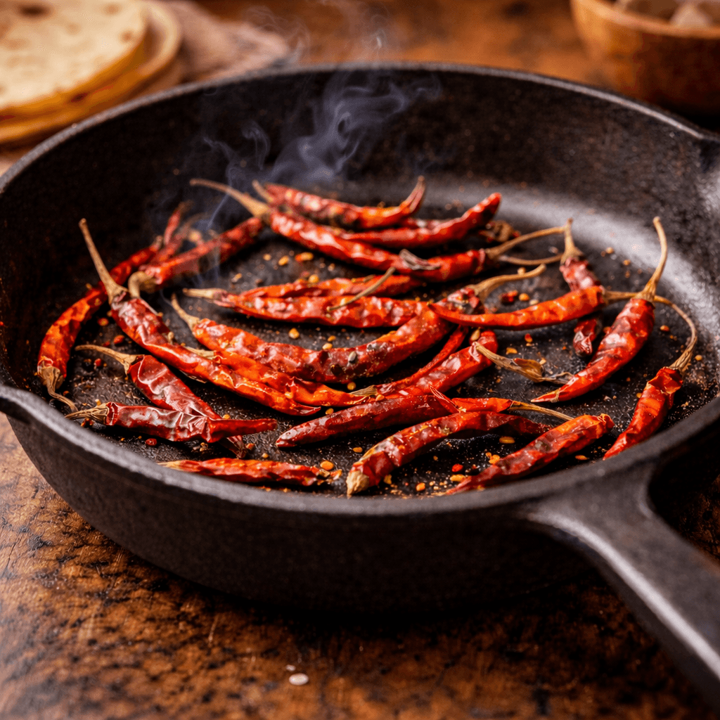 Toasting dried chile de árbol peppers in a cast iron skillet to build flavor for salsa