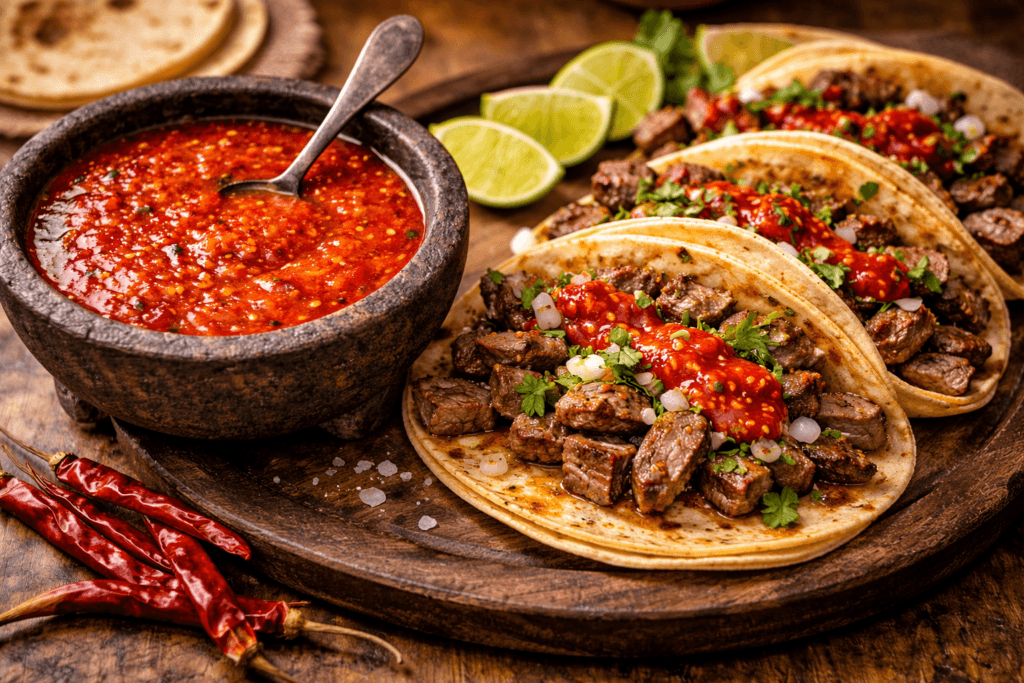 Carne asada tacos topped with chile de árbol salsa served with a rustic bowl of spicy red salsa.