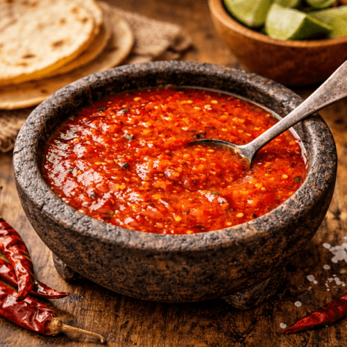Chile de árbol salsa in a rustic molcajete with tortillas and dried chiles on a wooden table.