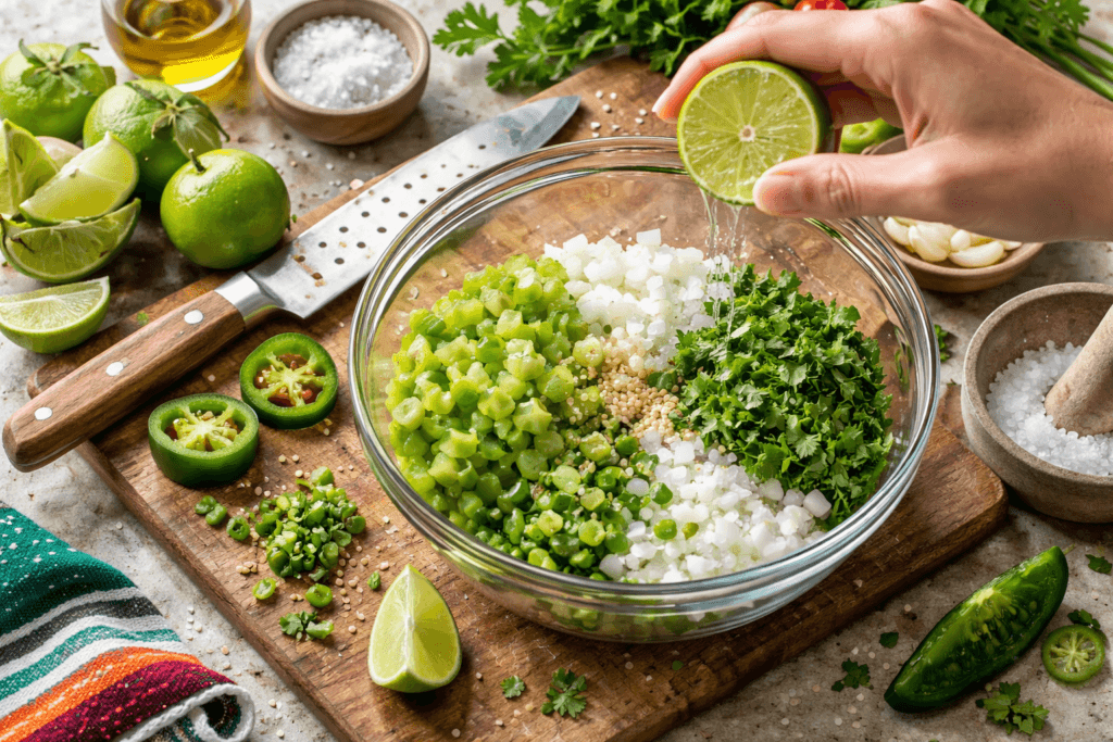 Fresh salsa verde cruda being prepared with chopped tomatillos, onion, jalapeño, and cilantro in a glass bowl as lime juice is squeezed over the mixture on a rustic cutting board.