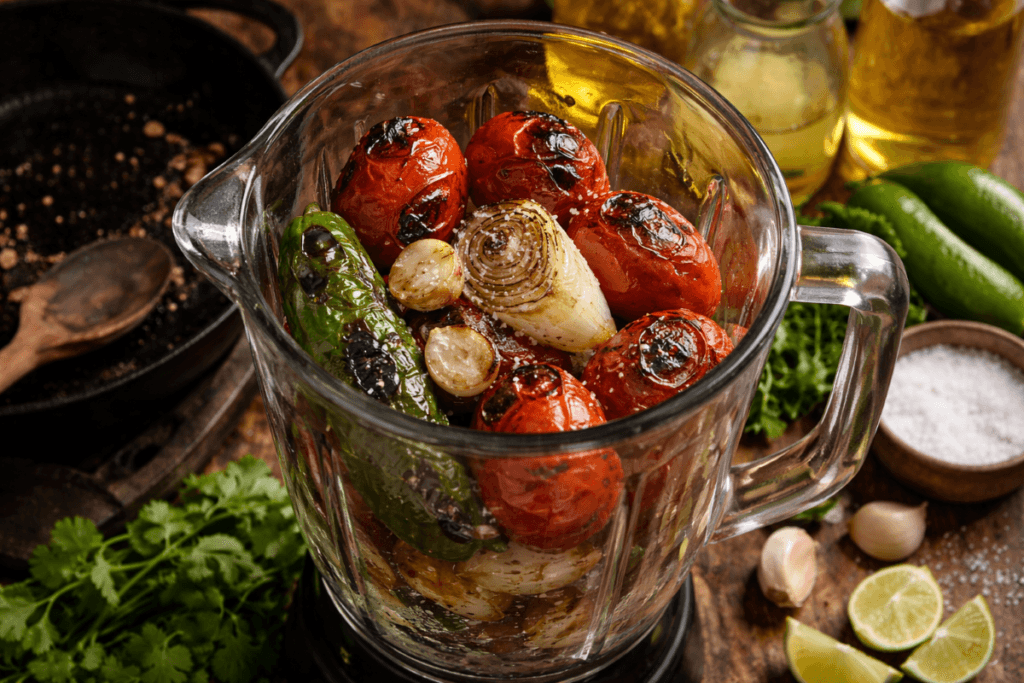 Roasted tomatoes, jalapeño, onion, and garlic in a blender preparing Salsa Ranchera.