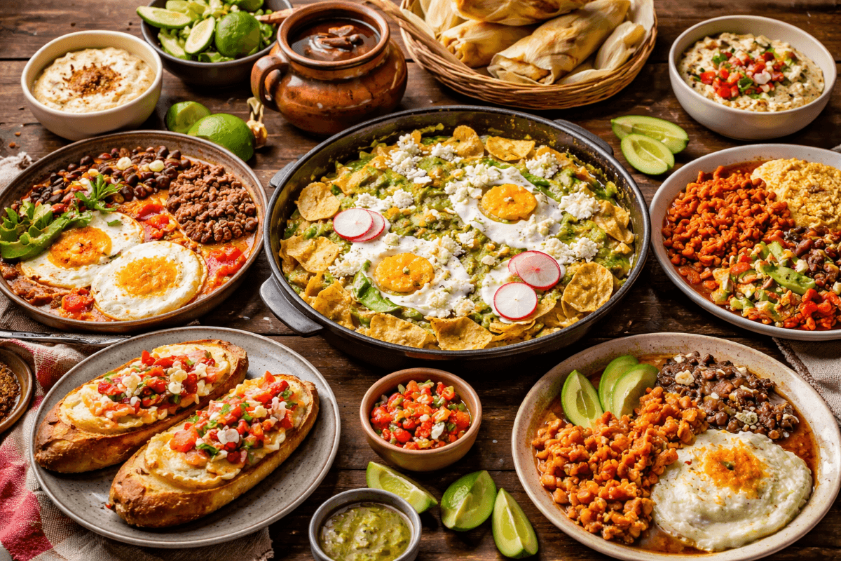 Authentic Mexican breakfast dishes including chilaquiles verdes, huevos rancheros, tamales, molletes, and café de olla served on a rustic table