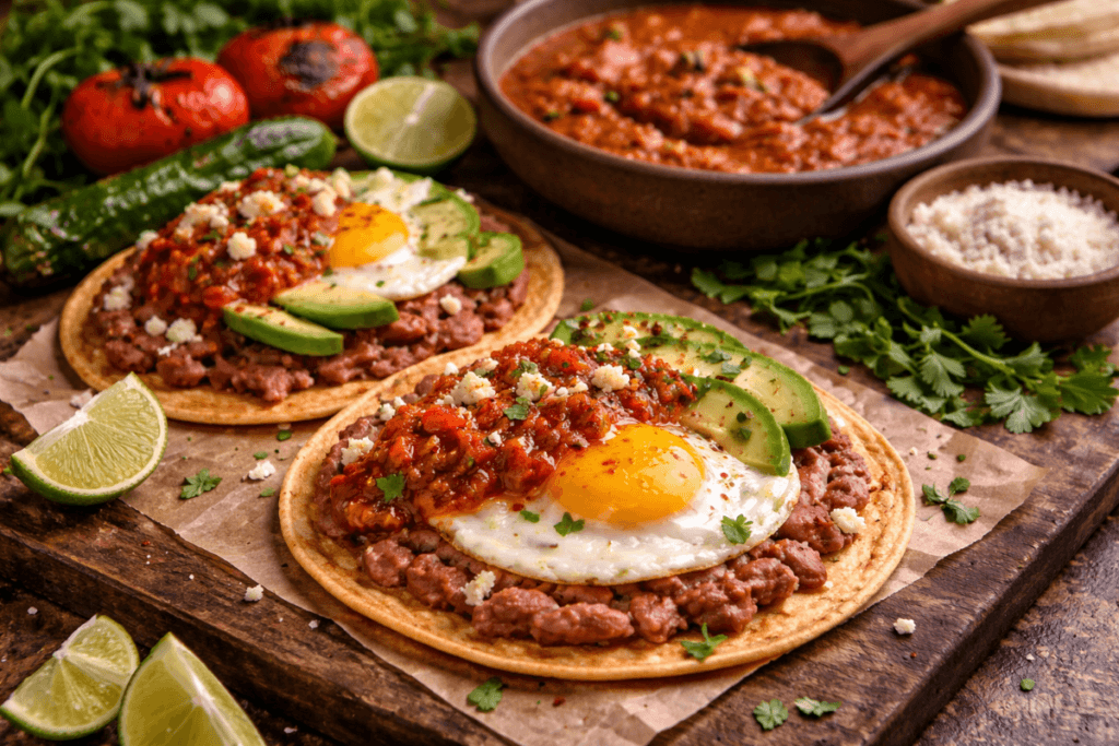 Crispy tostadas topped with eggs, avocado, refried beans, and Salsa Ranchera on a rustic wooden table.