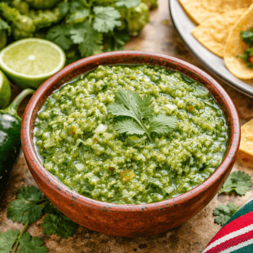 Salsa verde cruda in a rustic bowl with fresh tomatillos, jalapeño, lime, cilantro, and tortilla chips in the background