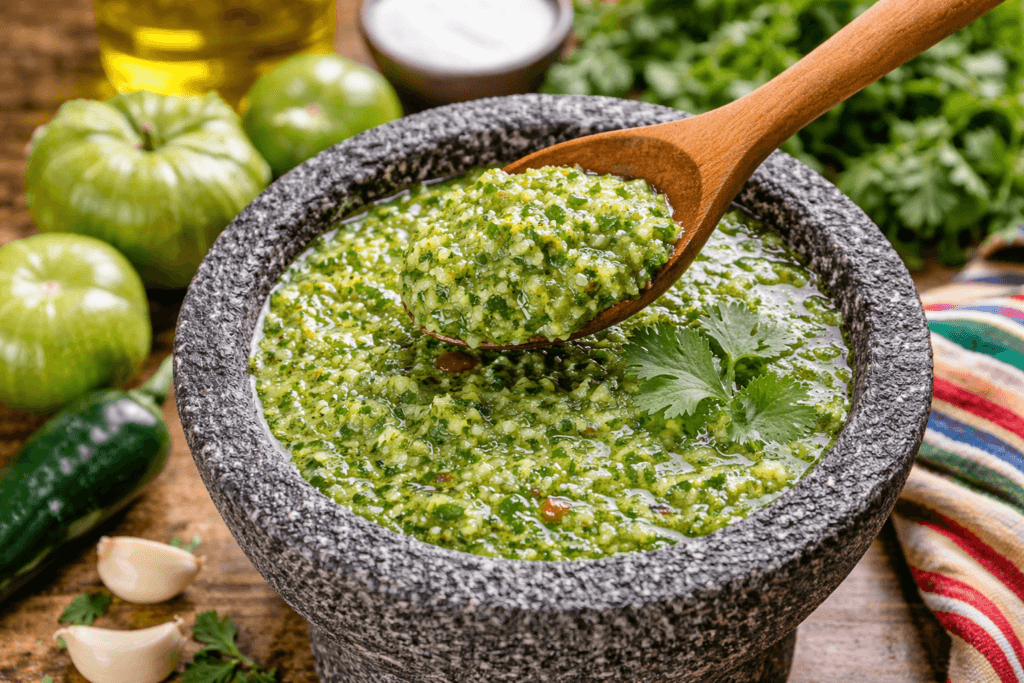 Salsa verde cruda being scooped from a molcajete with tomatillos, jalapeño, garlic, and cilantro on a rustic surface