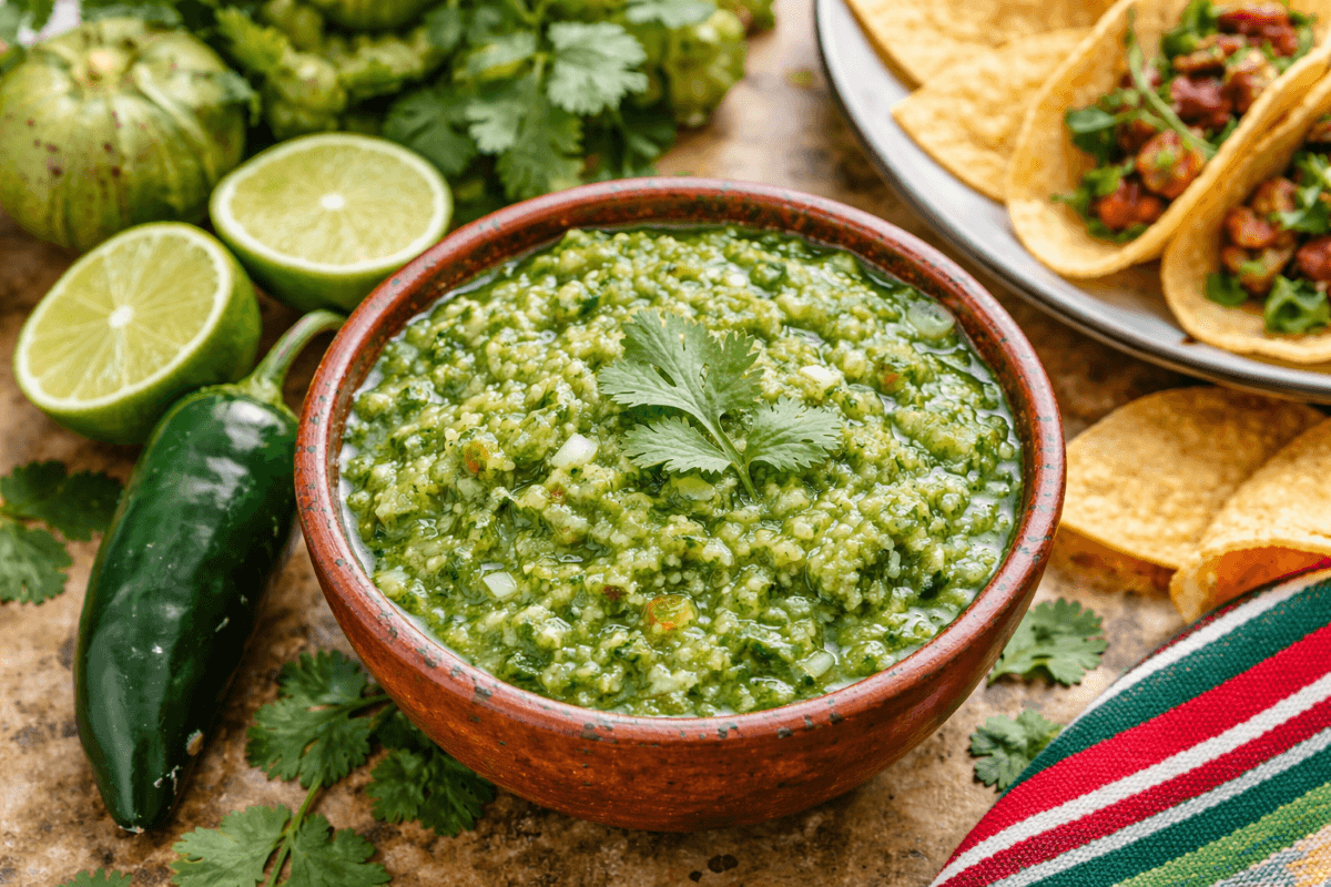 Salsa verde cruda in a rustic bowl with fresh tomatillos, jalapeño, lime, cilantro, and tortilla chips in the background