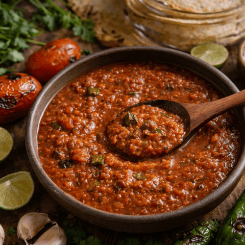 Rustic bowl of Salsa Ranchera made with roasted tomatoes, jalapeños, garlic, and onion, served on a wooden table with fresh ingredients.