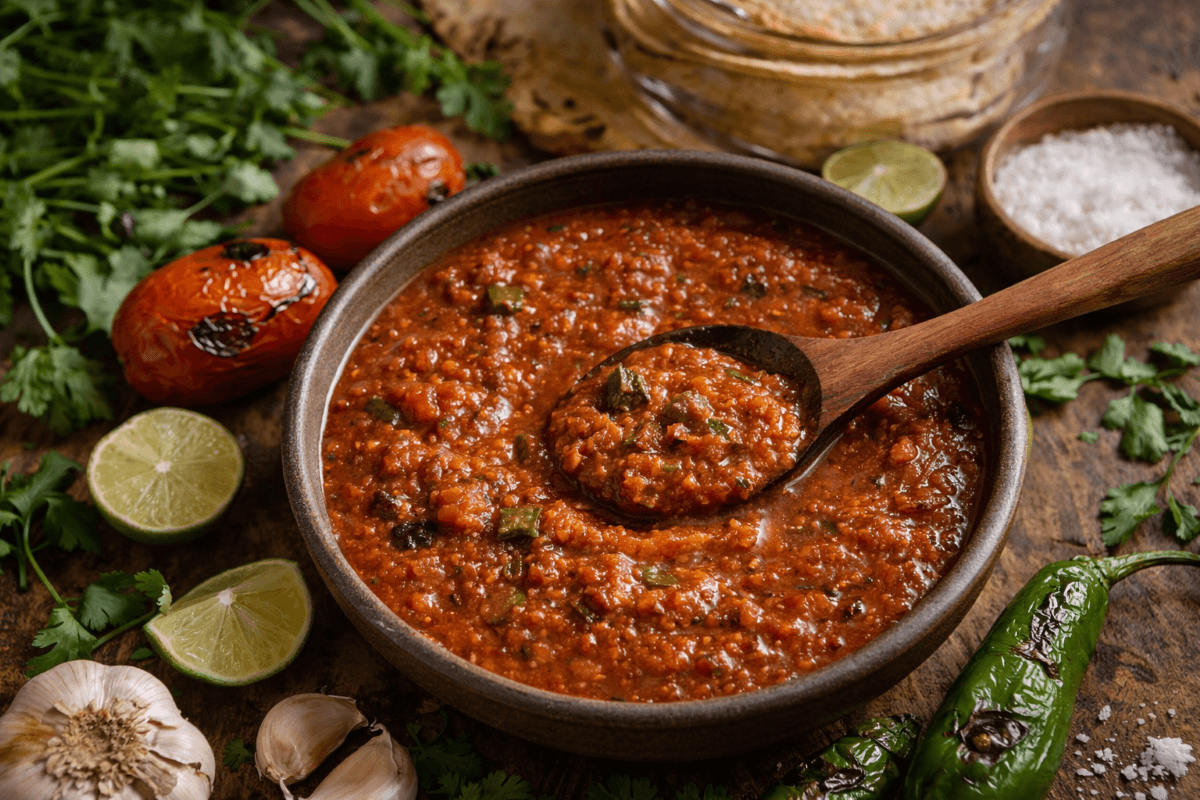 Rustic bowl of Salsa Ranchera made with roasted tomatoes, jalapeños, garlic, and onion, served on a wooden table with fresh ingredients.