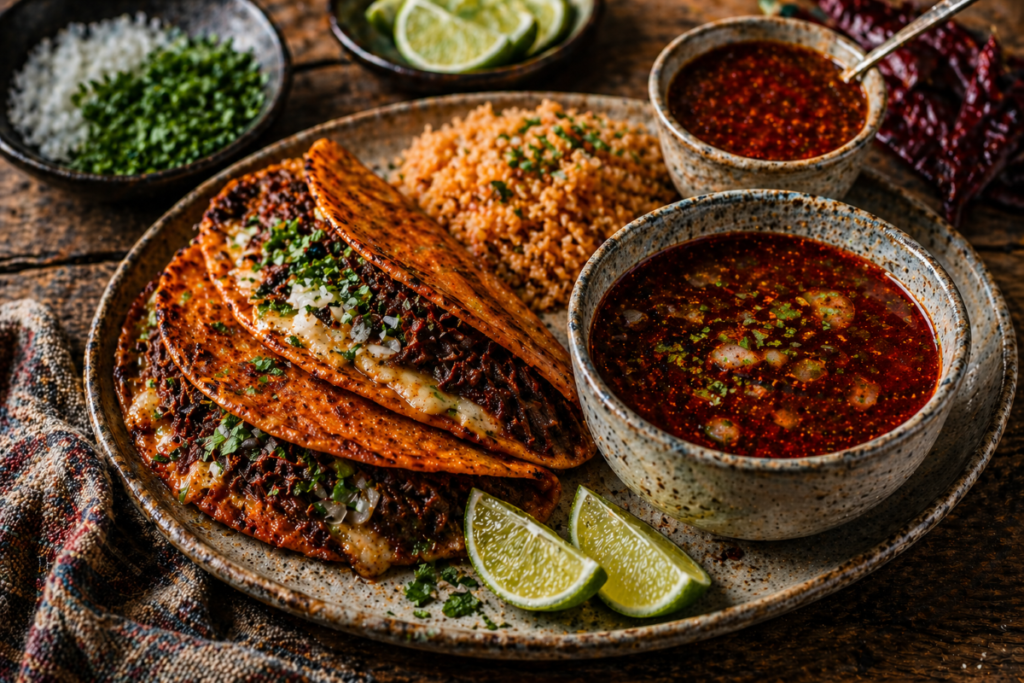 Birria tacos served with consommé, Mexican rice, lime wedges, and fresh onion and cilantro on a rustic plate.