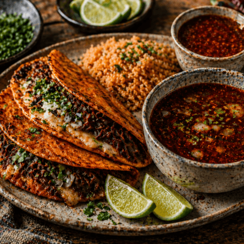 Quesabirria tacos with crispy tortillas, melted cheese, and shredded beef served with consommé, lime, onion, and cilantro on a rustic plate.