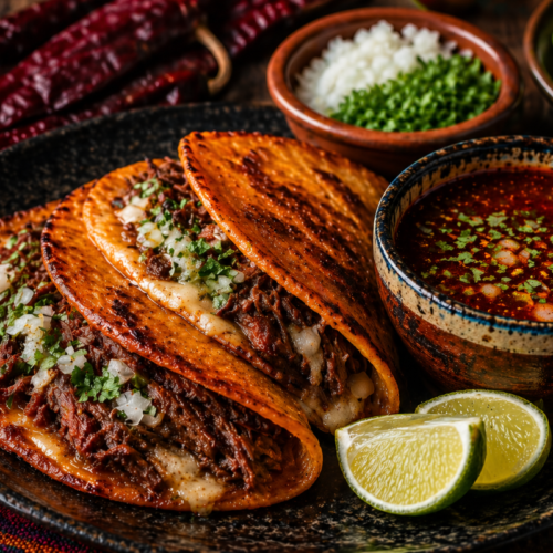 Birria tacos with shredded beef, melted cheese, and consommé served with lime, onion, and cilantro on a rustic plate.