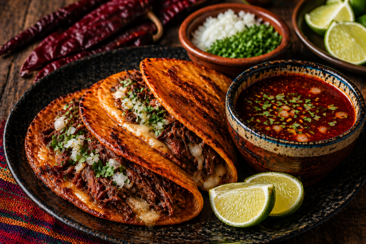 Birria tacos with shredded beef, melted cheese, and consommé served with lime, onion, and cilantro on a rustic plate.