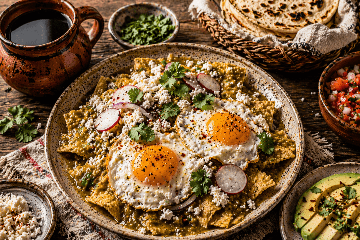 Chilaquiles verdes with fried eggs, queso fresco, radishes, tortillas, avocado, pico de gallo, and coffee on a rustic wooden breakfast table.