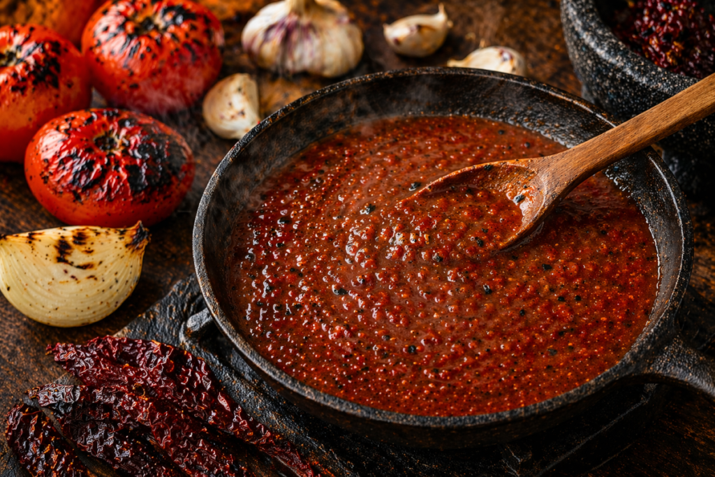 Chipotle salsa simmering in a cast iron skillet with charred tomatoes, onion, garlic, and dried chiles on a rustic wooden surface.