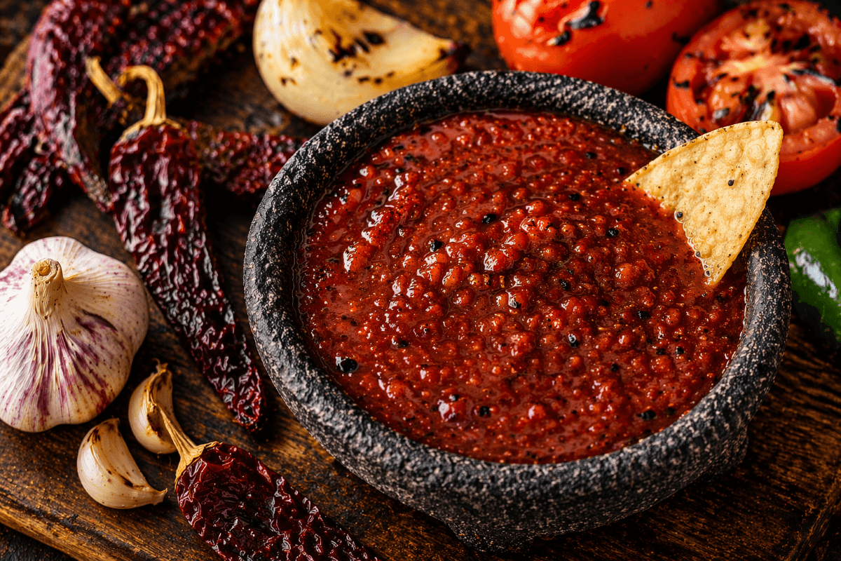 Chipotle salsa in a stone molcajete with dried chipotles, charred tomatoes, onion, and garlic on a rustic wooden surface.