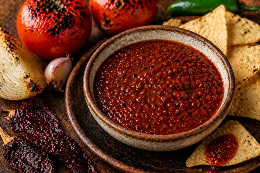 Chipotle salsa served in a rustic ceramic bowl with tortilla chips, charred tomatoes, onion, and dried chipotle peppers on a wooden tabletop.