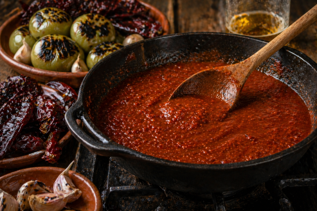 Salsa borracha simmering in a cast iron skillet with roasted tomatillos, dried chiles, garlic, and beer nearby.