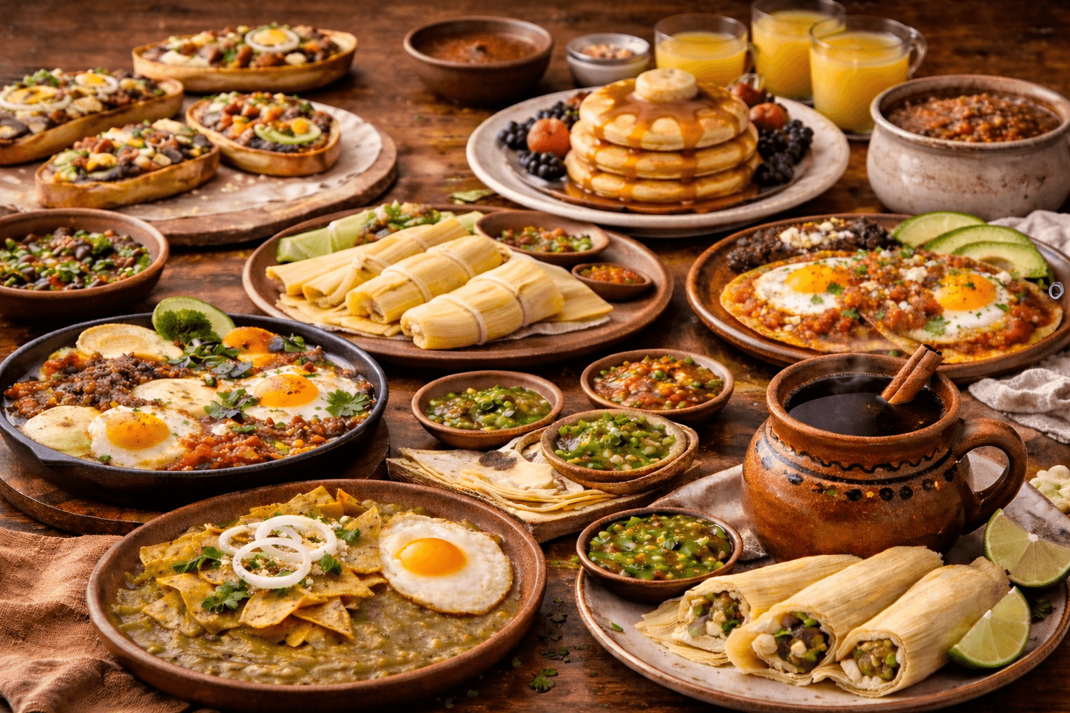 Rustic Mexican breakfast spread with chilaquiles verdes, huevos rancheros, tamales, molletes, pancakes, orange juice, salsas, and café de olla.