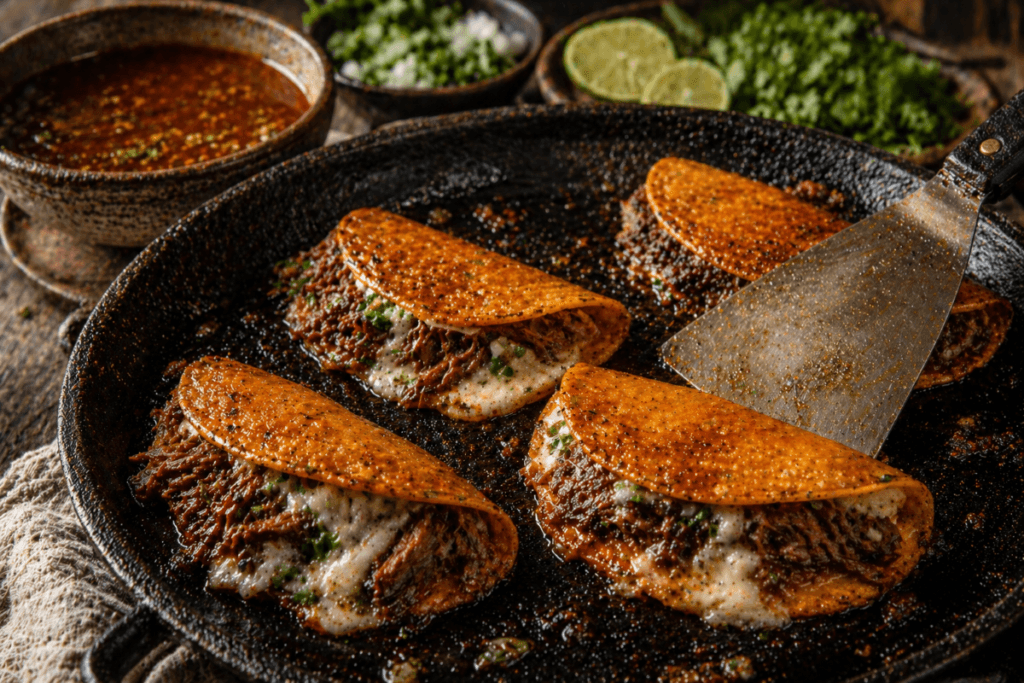 Quesabirria tacos cooking on a hot comal with melted cheese, shredded birria beef, and tortillas crisping in chile-infused oil