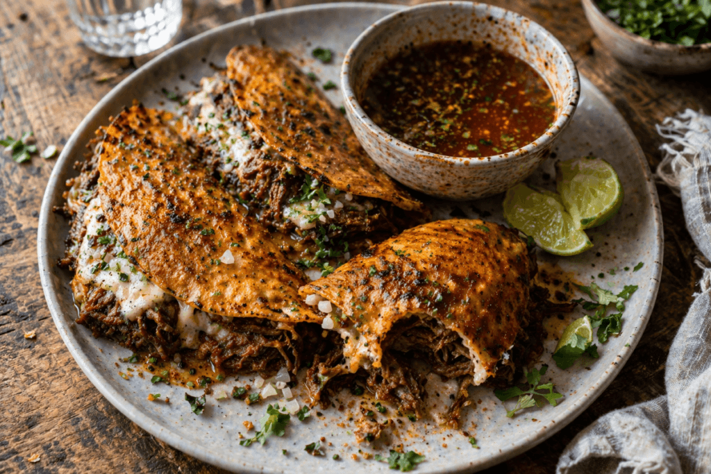 Quesabirria tacos on a rustic plate with melted cheese and shredded beef, one taco partially eaten, served with consommé and lime wedges.