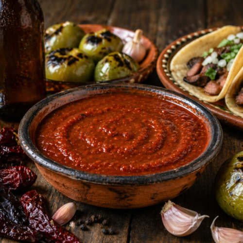 Salsa borracha in a clay bowl with dried chiles, roasted tomatillos, tacos, and beer on a rustic table.
