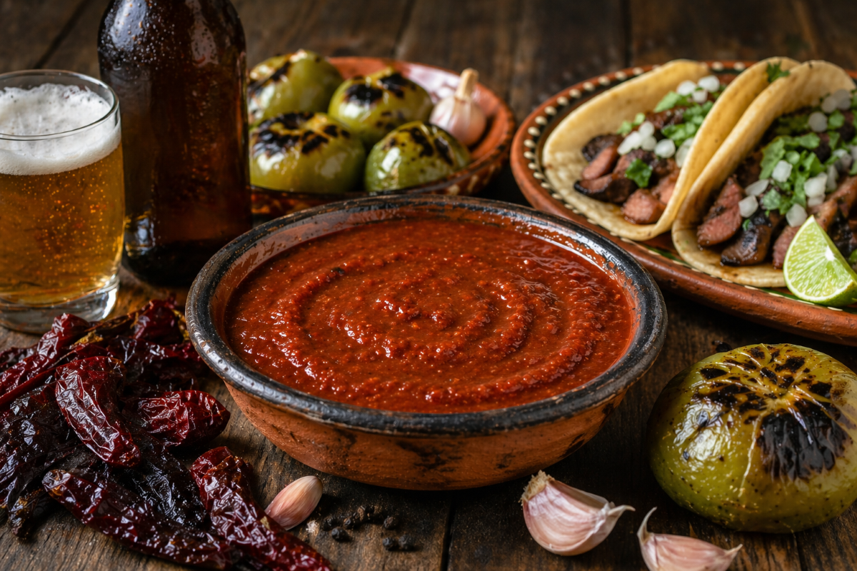 Salsa borracha in a clay bowl with dried chiles, roasted tomatillos, tacos, and beer on a rustic table.