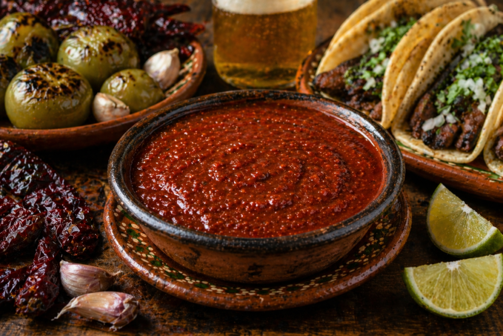 Salsa borracha served in a clay bowl with tacos, lime wedges, roasted tomatillos, garlic, dried chiles, and beer.