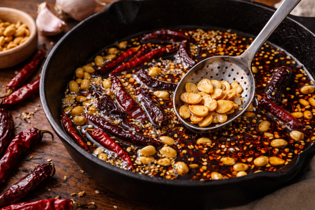 Garlic, dried chiles, peanuts, and sesame seeds cooking in oil for homemade salsa macha in a cast iron skillet