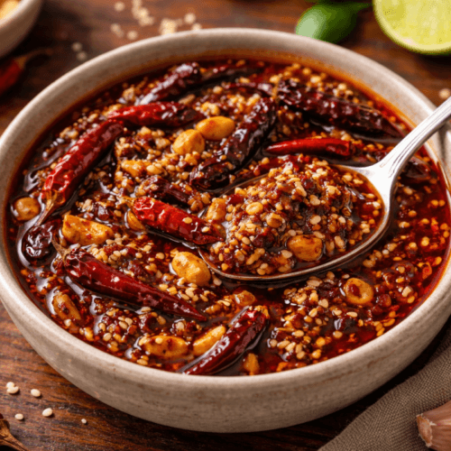 Bowl of salsa macha with toasted chiles, peanuts, sesame seeds, and deep red chile oil in a rustic setting