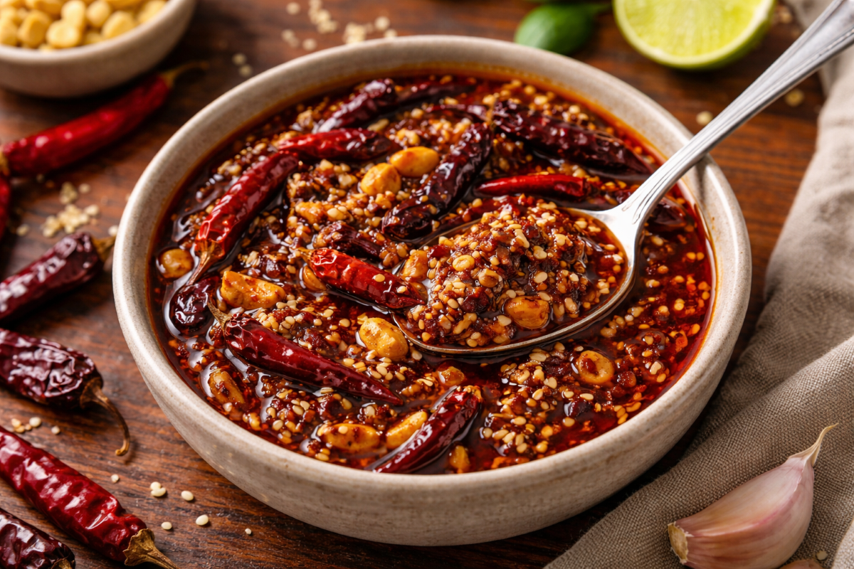 Bowl of salsa macha with toasted chiles, peanuts, sesame seeds, and deep red chile oil in a rustic setting