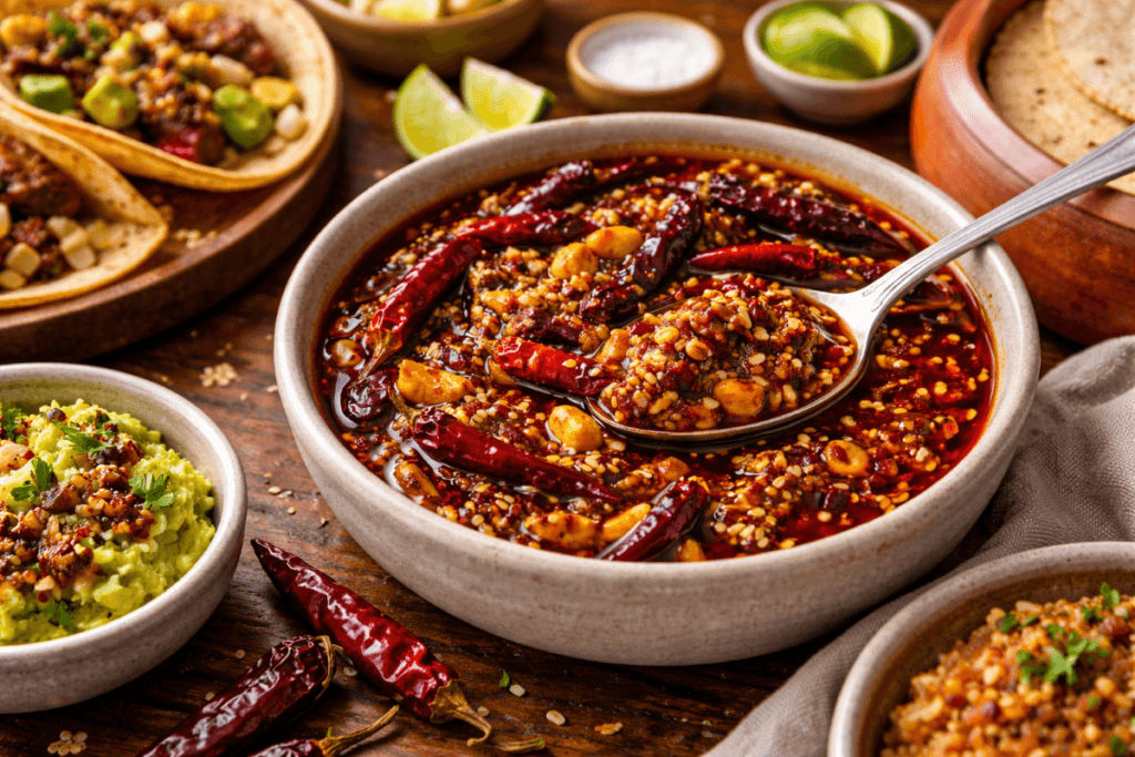 Bowl of salsa macha served with tacos, rice, guacamole, tortillas, and lime on a rustic wooden table
