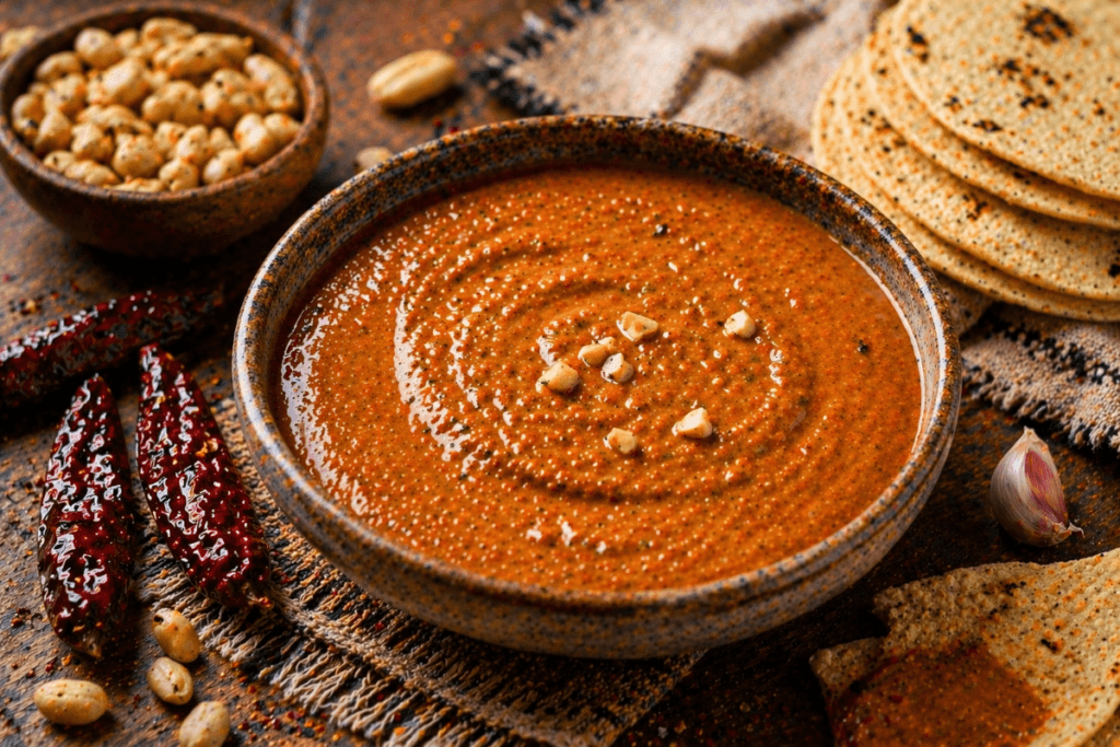 Salsa de cacahuate in a rustic bowl with peanuts, dried chiles, garlic, and warm tortillas on a woven cloth.