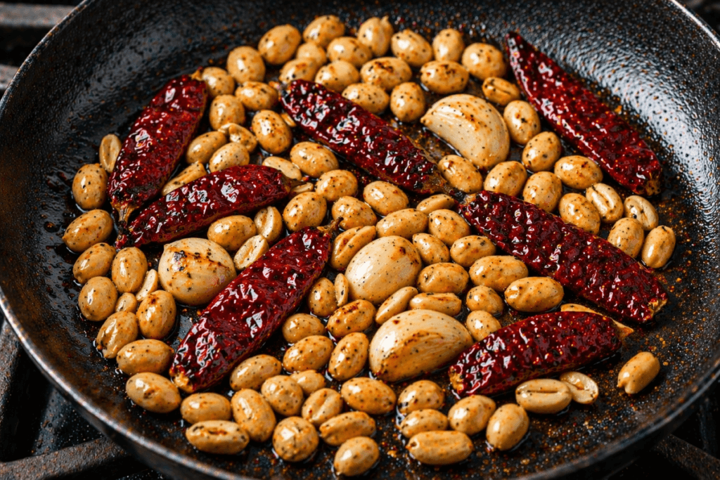 Peanuts, dried chiles, and garlic frying in oil in a skillet for salsa de cacahuate.