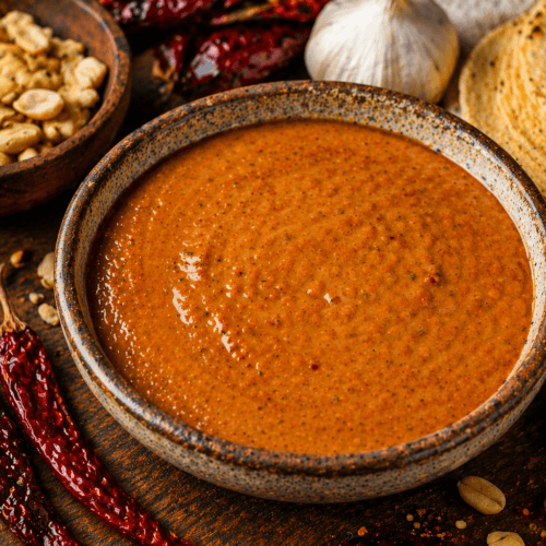 Creamy salsa de cacahuate in a rustic bowl with peanuts, dried chiles, garlic, and warm tortillas on a wooden surface.