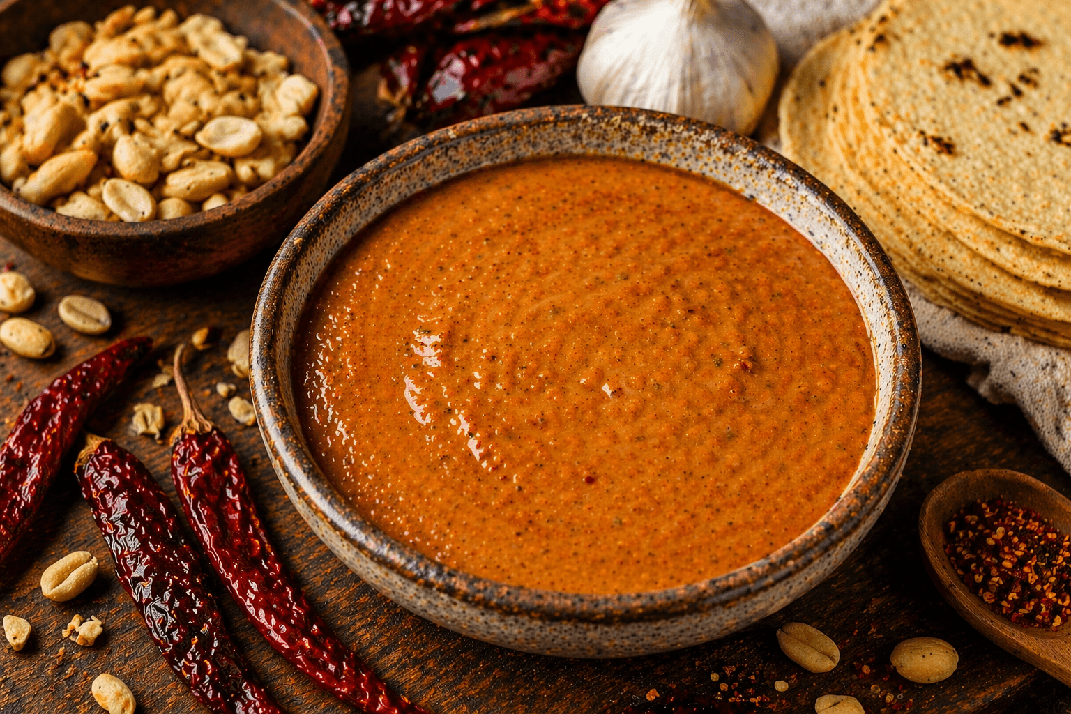 Creamy salsa de cacahuate in a rustic bowl with peanuts, dried chiles, garlic, and warm tortillas on a wooden surface.