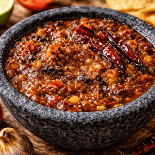 Salsa tatemada in a molcajete with charred tomatoes and chiles de árbol, smoky Mexican salsa for tacos.