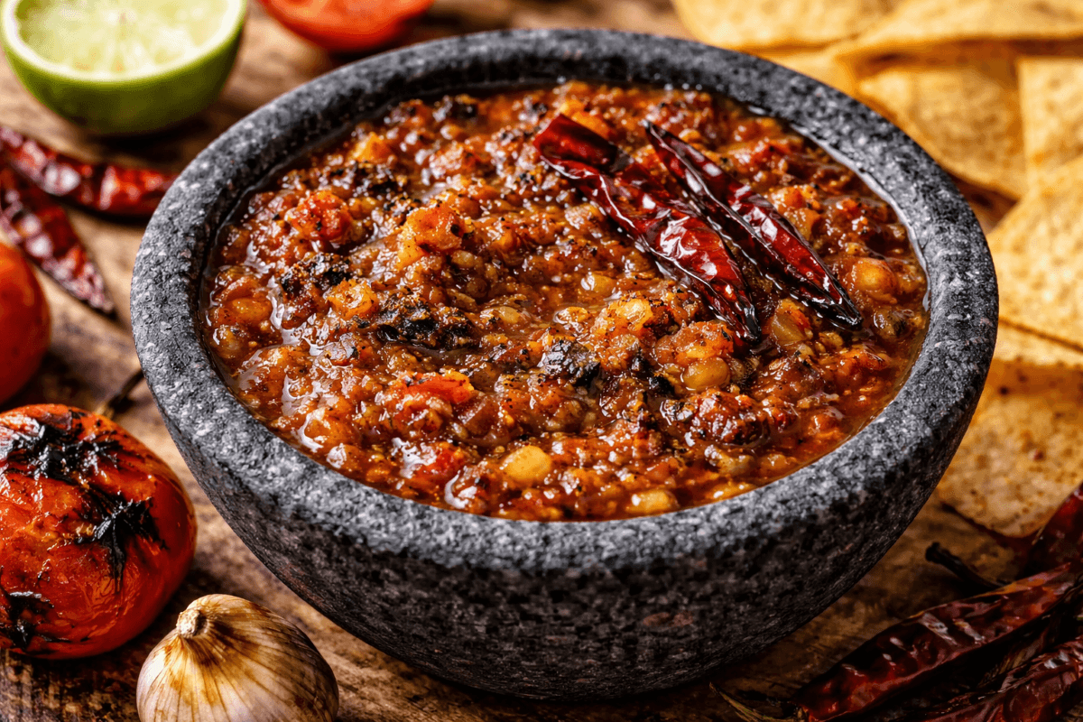 Salsa tatemada in a molcajete with charred tomatoes and chiles de árbol, smoky Mexican salsa for tacos.