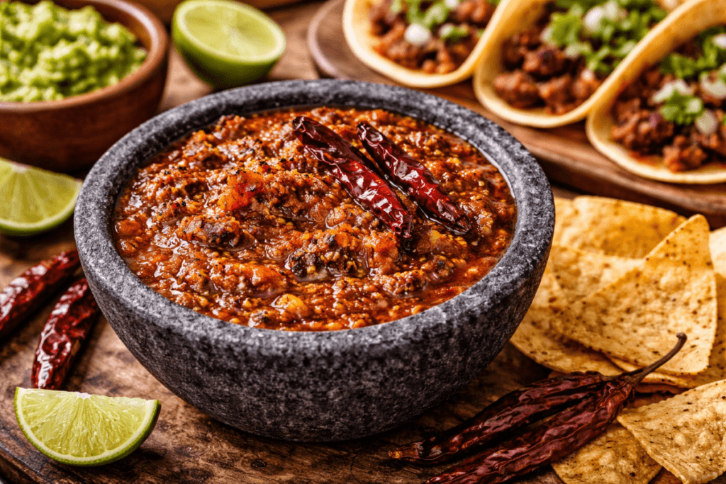 Salsa tatemada served in a molcajete with tacos, tortilla chips, and lime, smoky Mexican charred salsa.