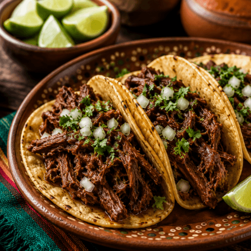 Barbacoa tacos with shredded beef, chopped onion, cilantro, and lime wedges on a rustic ceramic plate